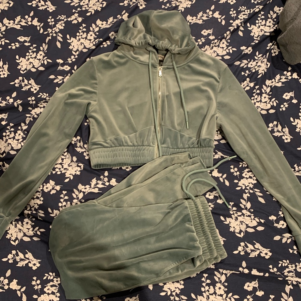 Dust green velvet matching crop top set. Size L Rip not noticeable when wearing.